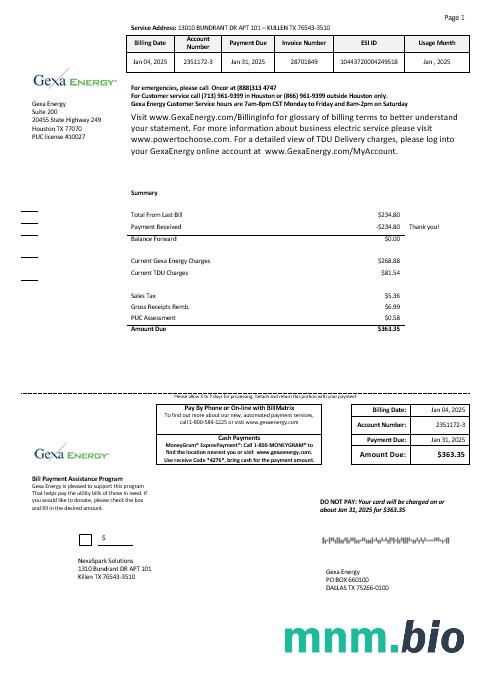 USA Texas Gexa Energy rachunek za usługi komunalne szablon w formatach Word